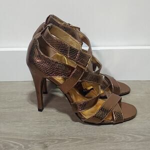 Victor Alfaro Gold Faux Snakeskin Strappy Thriller 5" Stiletto Heels Size 10